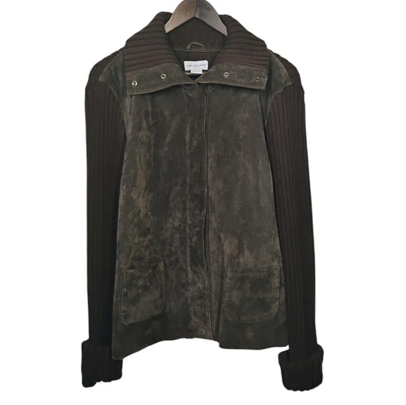 Kim Rogers Suede Leather Jacket Womens XL Brown Ribbed Knit Fisherman Preppy - Picture 2 of 14